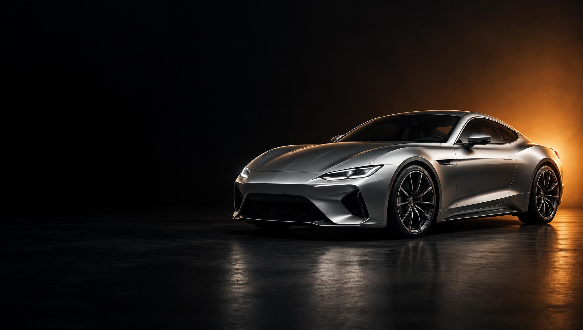 Coupé argenté sans marque dans un studio éclairé d’orange